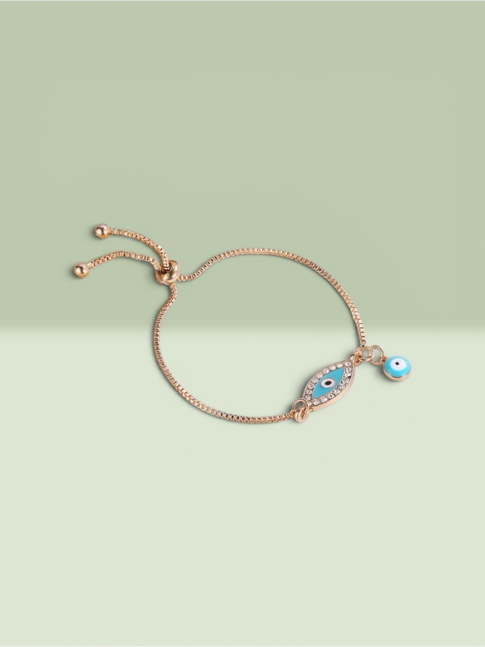 Teal Blue Evil Eye Double Drop Gold Bracelet Coastal Glam | Mediterranean Chic - Picture 4 of 4